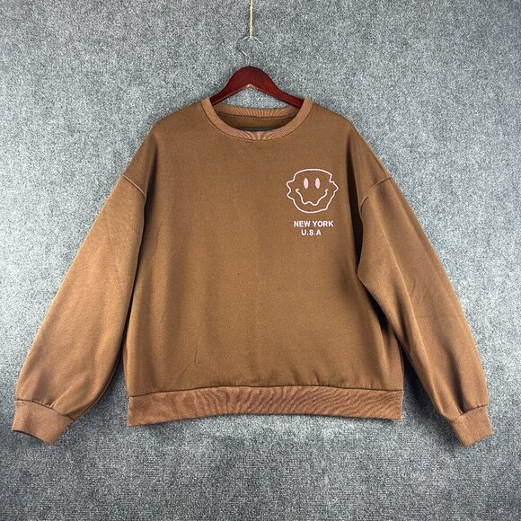 Sweatshirt Womens XLNew York USA Smiley Face Brown Cotton Blend Rib Hem Cuffs - Picture 1 of 9